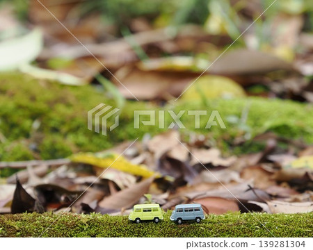 微縮汽車場景：苔蘚上的微縮汽車。 139281304