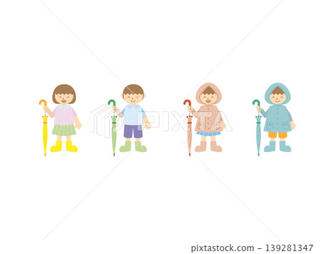 Children standing with their umbrellas closed on a rainy day 139281347