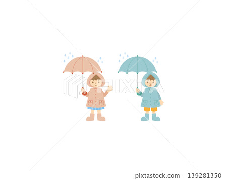 A pair of children wearing raincoats and holding umbrellas in the rain. 139281350