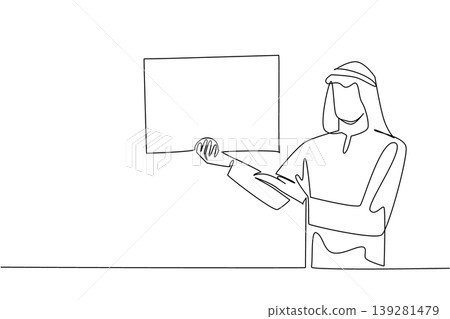 Continuous line drawing displays an Arabian man holding a blank board while shrugging his shoulders. An engaging business problem concept suited perfectly for a marketing layout poster. Continuous line drawing displays an Arabian man holding a blank board while shrugging his shoulders. An engaging business problem concept suited perfectly for a marketing layout poster. 139281479