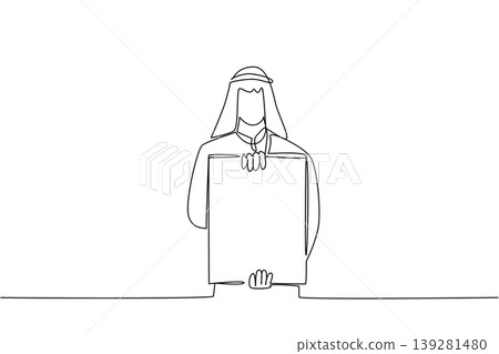 One line drawing presents an Arabian man holding a blank board with both his hands while standing to promote ad. An intense corporate stress concept perfectly suited for a business blog presentation. One line drawing presents an Arabian man holding a blank board with both his hands while standing to promote ad. An intense corporate stress concept perfectly suited for a business blog presentation. 139281480