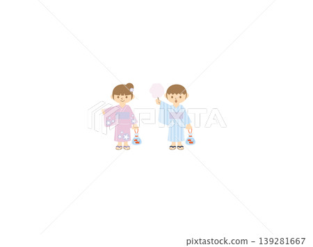 A pair of children in yukata at a summer festival; goldfish scooping and cotton candy. A pair of children in yukata at a summer festival; goldfish scooping and cotton candy. 139281667