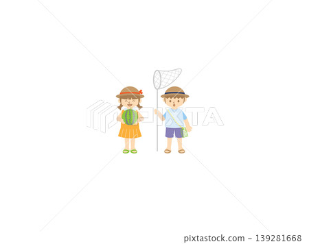 一個女孩拿著西瓜,一個男孩在捉昆蟲──夏天 一個女孩拿著西瓜,一個男孩在捉昆蟲──夏天 139281668