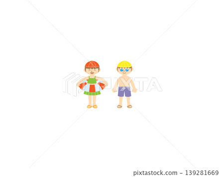 A girl with a lifebuoy and a boy in a swimsuit - summer beach 139281669