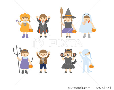 A set of illustrations of children enjoying Halloween costumes. A set of illustrations of children enjoying Halloween costumes. 139281831
