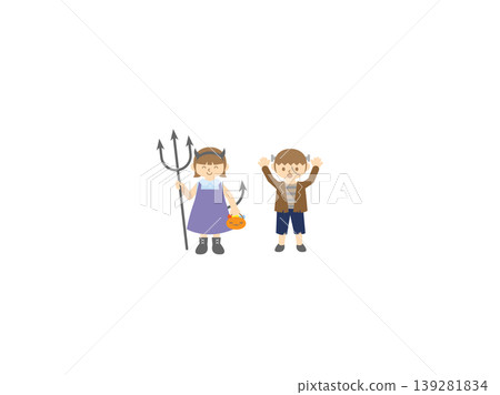 一個手持三叉戟的邪惡女孩和一個舉手的科學怪人男孩。 139281834
