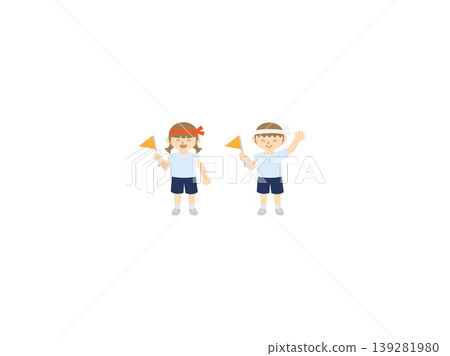An illustration of children holding flags and cheering at a sports day or athletic festival. 139281980