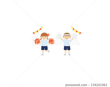 An illustration of children cheering with pom-poms at a sports day or athletic festival. 139281981