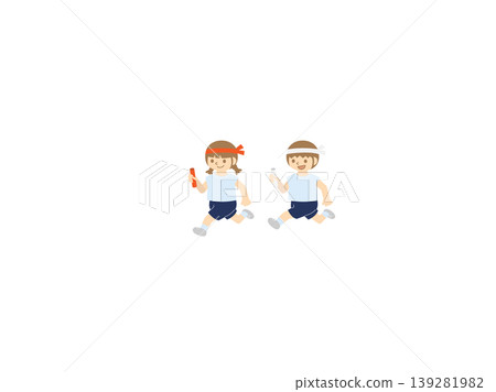 An illustration of children running with a baton in a relay race at a school sports day or athletic festival. 139281982