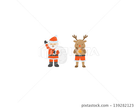 A character of Santa Claus carrying a gift bag and a red-nosed reindeer greeting people. A character of Santa Claus carrying a gift bag and a red-nosed reindeer greeting people. 139282123