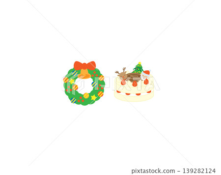 A set of illustrations featuring a festive Christmas wreath and a strawberry decorated cake. A set of illustrations featuring a festive Christmas wreath and a strawberry decorated cake. 139282124