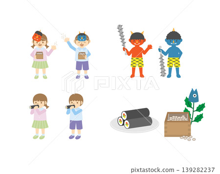 Extra-large illustration set of Setsubun rituals and lucky charms Extra-large illustration set of Setsubun rituals and lucky charms 139282237