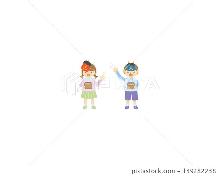 A boy and a girl wearing demon masks throw lucky beans from a wooden measuring cup. A boy and a girl wearing demon masks throw lucky beans from a wooden measuring cup. 139282238