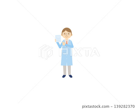 An illustration of a medical professional wearing a white coat and pointing to documents and prescriptions. An illustration of a medical professional wearing a white coat and pointing to documents and prescriptions. 139282370