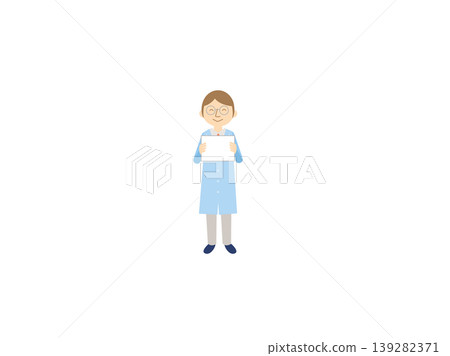 An illustration of a professional wearing a white coat and smiling while holding up a board or documents. An illustration of a professional wearing a white coat and smiling while holding up a board or documents. 139282371