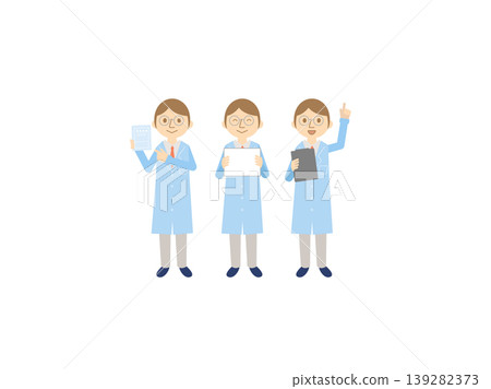 A set of 3 illustrations of male medical professionals wearing white coats. A set of 3 illustrations of male medical professionals wearing white coats. 139282373