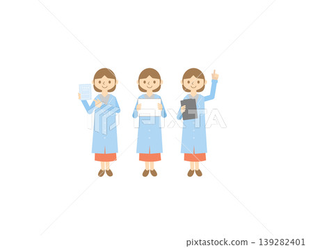 A set of 3 illustrations of female medical professionals wearing white coats. A set of 3 illustrations of female medical professionals wearing white coats. 139282401