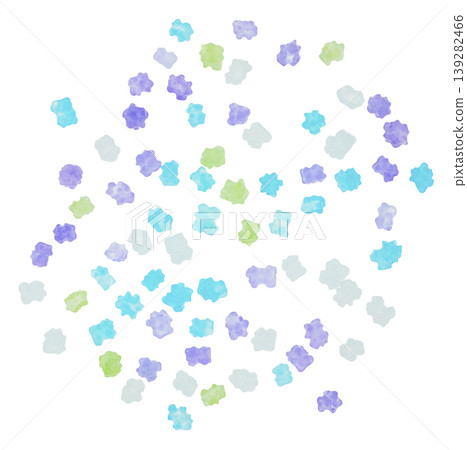 Pastel-colored (blue, purple, green) konpeito candies scattered against a white background. Pastel-colored (blue, purple, green) konpeito candies scattered against a white background. 139282466