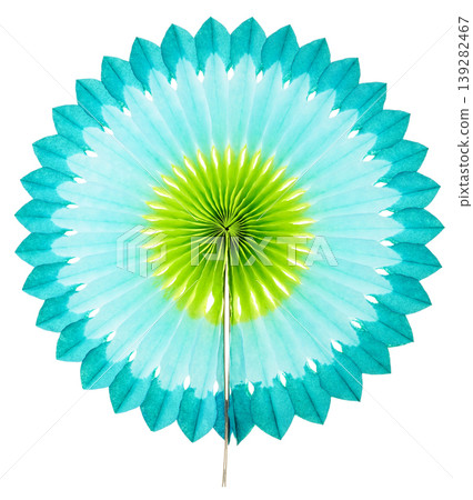 A paper fan with a turquoise blue and light green gradient cut out against a white background. A paper fan with a turquoise blue and light green gradient cut out against a white background. 139282467