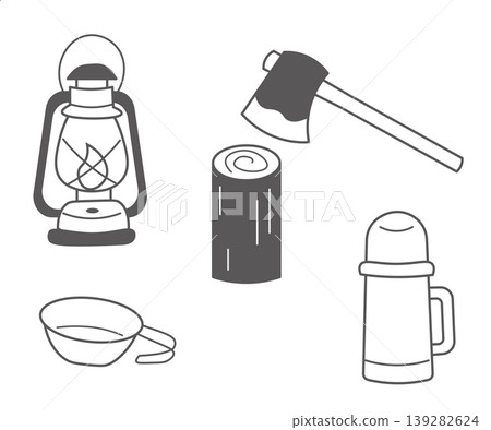 Camping equipment illustration set: line art of lantern, water bottle, Sierra cup, and wood-splitting axe. Camping equipment illustration set: line art of lantern, water bottle, Sierra cup, and wood-splitting axe. 139282624
