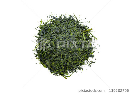 A top-down cutout of sencha tea leaves placed on a transparent background. A top-down cutout of sencha tea leaves placed on a transparent background. 139282706