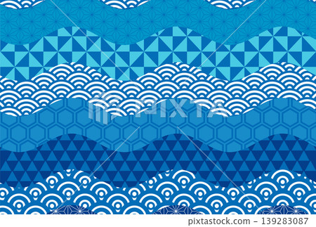 Traditional Japanese wave patterns and a geometric blue background 139283087