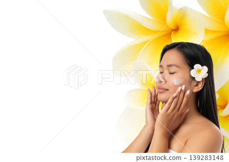 Model focuses on skin care routine surrounded by flowers, PNG Model focuses on skin care routine surrounded by flowers, PNG 139283148