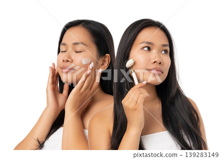 Model applying skincare products on her face with care, isolated, PNG Model applying skincare products on her face with care, isolated, PNG 139283149
