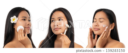 Set, Woman applies skin products while practicing spa routine, PNG Set, Woman applies skin products while practicing spa routine, PNG 139283150