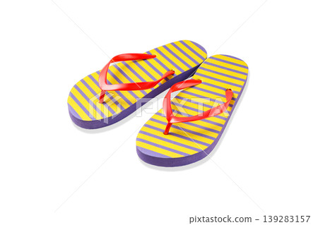 Yellow and purple striped flip flops with red straps, PNG Yellow and purple striped flip flops with red straps, PNG 139283157