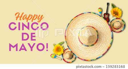 Cinco de Mayo, Colorful sombreros and sunflowers for celebration Cinco de Mayo, Colorful sombreros and sunflowers for celebration 139283168