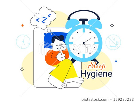 Sleep Hygiene Vector Illustration Featuring Healthy Sleep Routine, Bedtime Habits, Relaxation, Night Rest, Insomnia Prevention, Wellness Design Sleep Hygiene Vector Illustration Featuring Healthy Sleep Routine, Bedtime Habits, Relaxation, Night Rest, Insomnia Prevention, Wellness Design 139283258