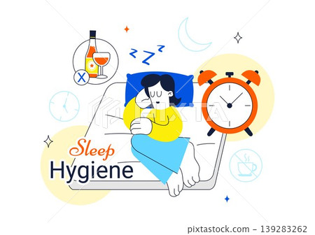 Sleep Hygiene Vector Illustration Featuring Healthy Sleep Routine, Bedtime Habits, Relaxation, Night Rest, Insomnia Prevention, Wellness Design Sleep Hygiene Vector Illustration Featuring Healthy Sleep Routine, Bedtime Habits, Relaxation, Night Rest, Insomnia Prevention, Wellness Design 139283262