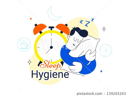 Sleep Hygiene Vector Illustration Featuring Healthy Sleep Routine, Bedtime Habits, Relaxation, Night Rest, Insomnia Prevention, Wellness Design 139283263