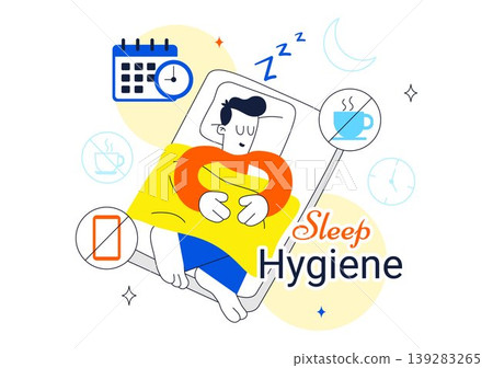 Sleep Hygiene Vector Illustration Featuring Healthy Sleep Routine, Bedtime Habits, Relaxation, Night Rest, Insomnia Prevention, Wellness Design Sleep Hygiene Vector Illustration Featuring Healthy Sleep Routine, Bedtime Habits, Relaxation, Night Rest, Insomnia Prevention, Wellness Design 139283265