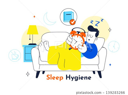 Sleep Hygiene Vector Illustration Featuring Healthy Sleep Routine, Bedtime Habits, Relaxation, Night Rest, Insomnia Prevention, Wellness Design 139283266