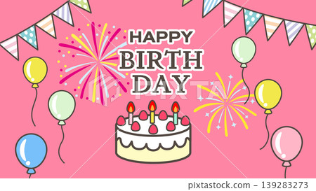 Birthday celebration design template: Cake, balloons, triangular flags, fireworks (horizontal composition) Birthday celebration design template: Cake, balloons, triangular flags, fireworks (horizontal composition) 139283273