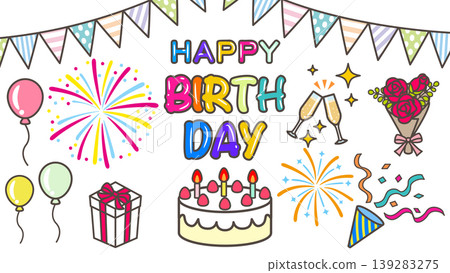 Birthday party material set: cake, balloons, garland, toasting glasses, gift box, line art illustrations Birthday party material set: cake, balloons, garland, toasting glasses, gift box, line art illustrations 139283275