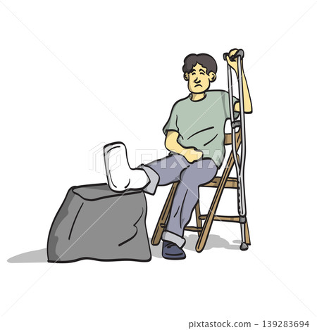 man with a foot splint sitting on chiar holding a crutch illustration vector isolated on white background 139283694