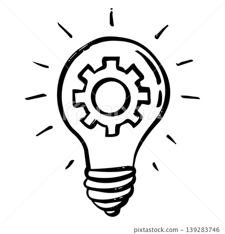 Hand Drawn Light Bulb with Gear Icon. Creative Idea and Engineering Concept Illustration. Hand Drawn Light Bulb with Gear Icon. Creative Idea and Engineering Concept Illustration. 139283746
