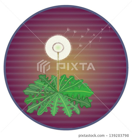 一幅蒲公英絨毛被風吹散的插圖,背景為圓形。 一幅蒲公英絨毛被風吹散的插圖,背景為圓形。 139283798