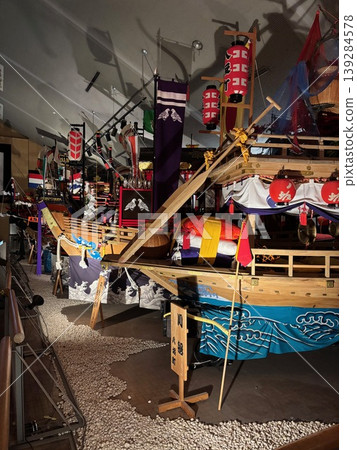 A boat float displayed at the Nagasaki Kunchi Museum. A boat float displayed at the Nagasaki Kunchi Museum. 139284578