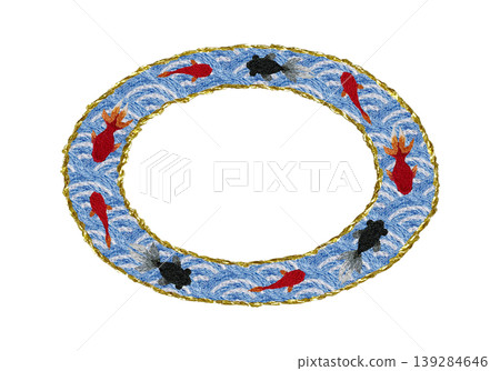 【日式青海波波浪金魚圓形邊框】手工刺繡插畫素材 【日式青海波波浪金魚圓形邊框】手工刺繡插畫素材 139284646