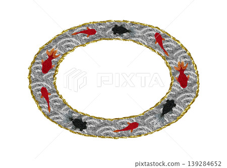 【日式青海波波浪金魚圓形邊框】手工刺繡插畫素材 【日式青海波波浪金魚圓形邊框】手工刺繡插畫素材 139284652