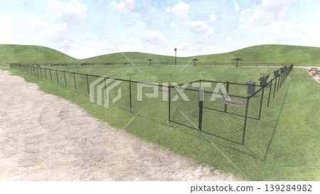 A spacious, green dog run landscape (no dogs shown) (3DCG illustration) A spacious, green dog run landscape (no dogs shown) (3DCG illustration) 139284982
