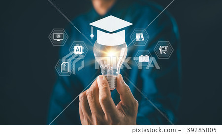 Elearning graduate certificate man holding graduation hat degree study icons over light bulb, education symbols show professional university student academic success training development 139285005