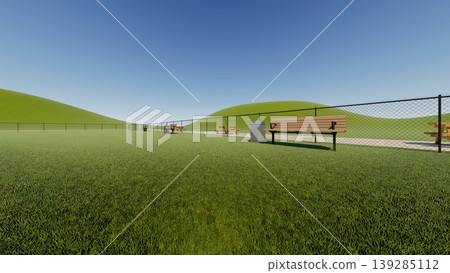 寬敞的綠色狗場景觀(圖中未顯示狗)(3DCG 插圖) 寬敞的綠色狗場景觀(圖中未顯示狗)(3DCG 插圖) 139285112