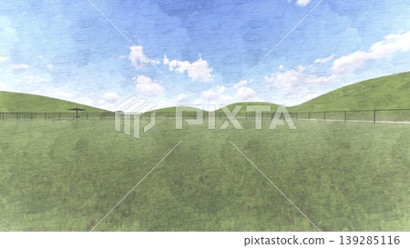 寬敞的綠色狗場景觀(圖中未顯示狗)(3DCG 插圖) 寬敞的綠色狗場景觀(圖中未顯示狗)(3DCG 插圖) 139285116