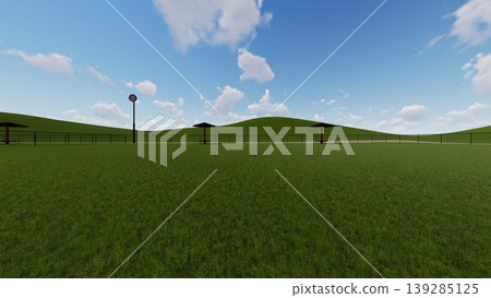 寬敞的綠色狗場景觀（圖中未顯示狗）（3DCG 插圖） 139285125