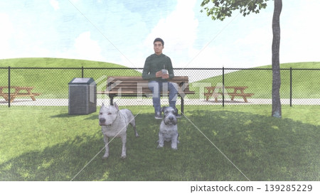 A scene of dogs playing in a spacious, green dog run, with people included (3DCG illustration). A scene of dogs playing in a spacious, green dog run, with people included (3DCG illustration). 139285229